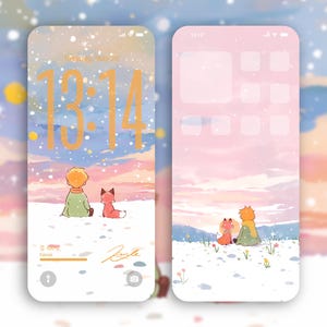 Puede incluir: Dos pantallas de smartphone que muestran una ilustración caprichosa. Una muestra a un niño y un zorro en un paisaje nevado con la hora 13:14. La otra presenta a los mismos personajes en un entorno similar. El fondo tiene una paleta de colores pastel.
