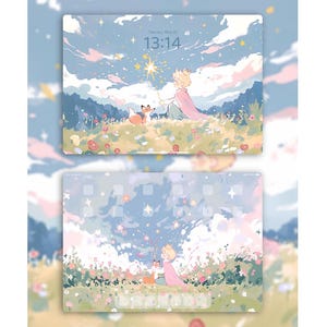 Puede incluir: Una ilustración digital de un joven príncipe con una capa rosa y un zorro sentado en un campo de flores. El príncipe sostiene una varita con una estrella en la parte superior. El fondo es un cielo azul con nubes blancas y estrellas. La hora es 13:14.