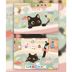 黒猫のお風呂の iPad 壁紙 | iPad 用パステル カワイイ 美学 | iOS に最適な 4K デジタル インスタント ダウンロード | 猫好きへのギフト