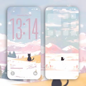May include: Two phone screens displaying a pastel landscape with a black cat silhouette. One screen shows the time 13:14 and the date. The other screen shows app icons. The background features mountains, snow, and a field.
