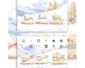 Ensemble de papiers peints pour iPad : chiens de ski d'hiver : oeuvres d'art numériques douillettes (téléchargement instantané)