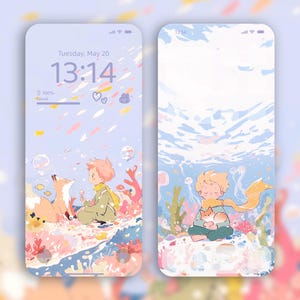 Może przedstawiać: Dwa ekrany telefonów z pastelowo-niebieskim tłem. Lewy ekran przedstawia kreskówkową ilustrację lisa i chłopca z różowymi włosami. Prawy ekran przedstawia kreskówkową ilustrację chłopca z blond włosami trzymającego lisa. Oba ekrany mają jasnoniebieskie i białe tło akwarelowe.