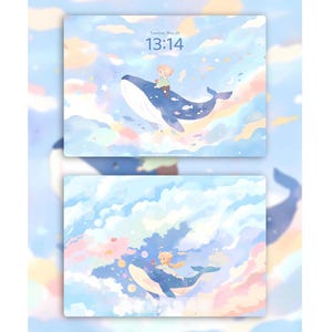 Fondo de pantalla de ensueño para iPad con el principito y la ballena / Escena caprichosa en el cielo / Arte digital de fantasía para fondos de iPad / Descarga instantánea en 4K