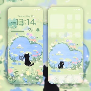 May include: A green and blue phone wallpaper featuring a black cat sitting by a pond. The time is 13:14 and the date is Tuesday, 20 May. The phone screen is surrounded by a green and white background.
