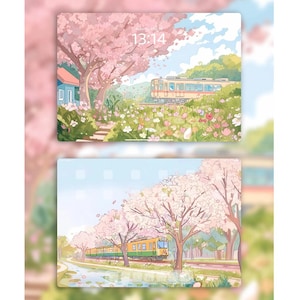 May include: Two illustrations of a train traveling through a field of pink cherry blossoms. The top image shows the train traveling through a field of flowers with a blue sky and white clouds. The bottom image shows the train traveling through a field of cherry blossoms with a blue sky and white clouds. The time 13:14 is displayed in the top image.