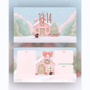 May include: A digital desktop wallpaper featuring a pink house with a wreath, a Christmas tree, and a black cat. The time 13:14 is displayed on the top screen. The bottom screen has file folders and a pink house with a bow.