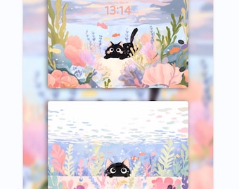 Cute Underwater Cat iPad Wallpaper | 8K Instant Digital Download | Pastel Ocean Aesthetic Underwater Theme for iPad & Desktop Backgrounds