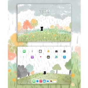 May include: A digital illustration of a rainy day with a black cat sitting on a grassy hill. The time is 13:14. The image is a digital wallpaper for a mobile phone.