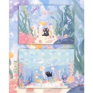 Set di sfondi per iPad con simpatici gatti neri e oceano / Download digitale istantaneo 8K / Scena estetica di meduse sottomarine per iPad e sfondi per desktop