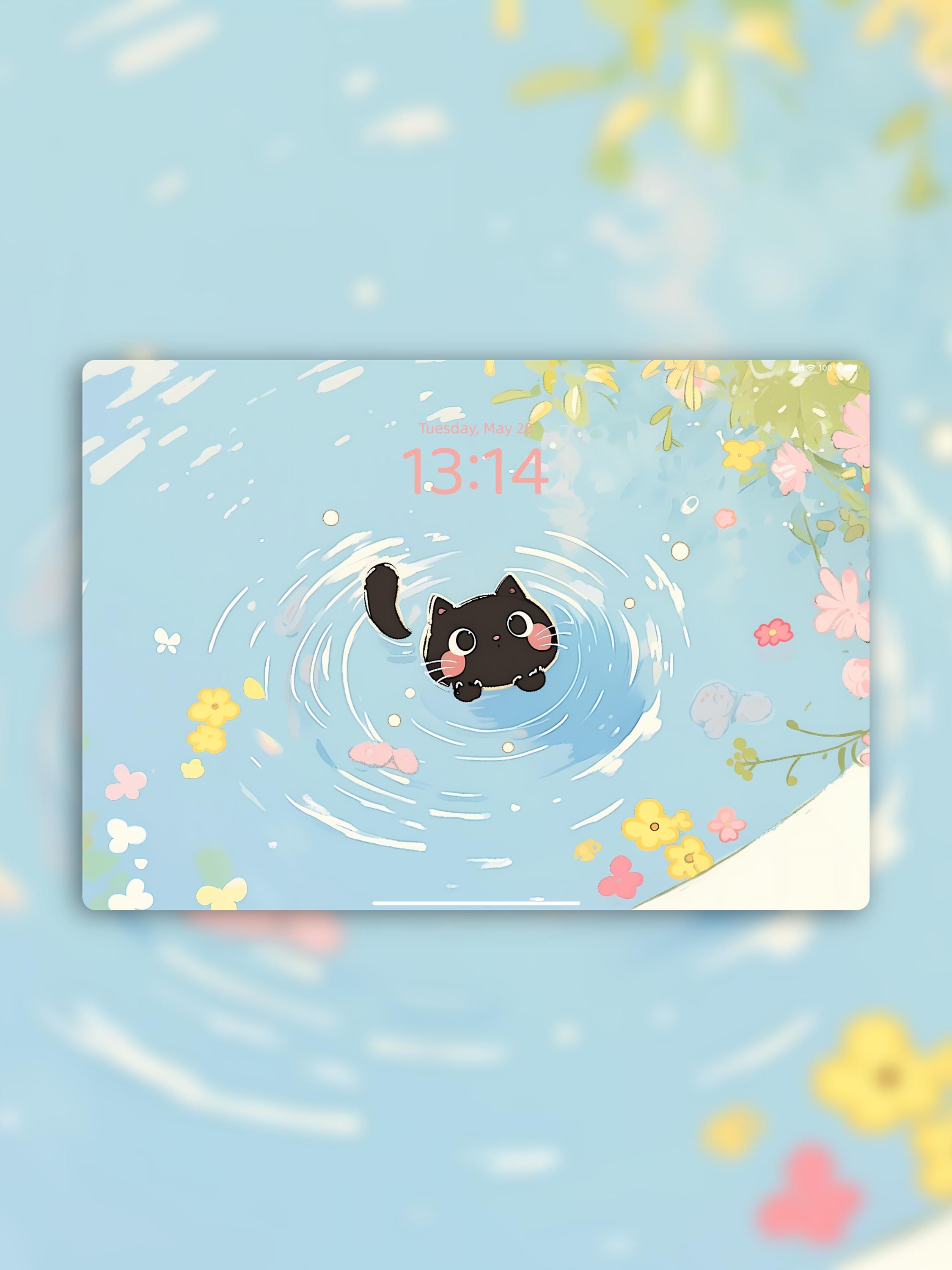 Cute Black Cat in Water iPad Wallpaper | Playful Kitty Digital ...