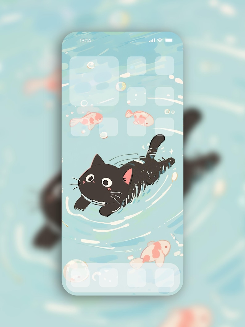 Cute Black Cat Swimming Wallpaper | iPhone 4K Instant Digital Download ...