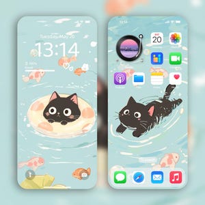 Sfondo carino con gatto nero che nuota / Download digitale istantaneo per iPhone 4K / Scena carina con pesci e acqua / Sfondo kawaii estetico per l'estate