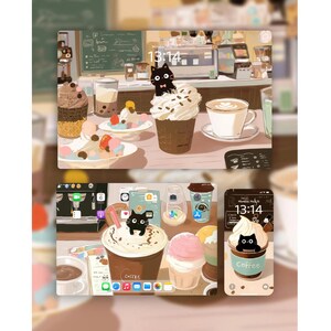 Könnte beinhalten: Eine digitale Illustration einer Kaffeebarszene mit einer schwarzen Katze, die auf einer Kaffeetasse sitzt. Die Kaffeetasse hat ein braunes und weißes Spiraldesign und steht "Coffee" auf der Seite. Der Hintergrund zeigt eine Kaffeemaschine, Gebäck und andere Kaffeetassen.