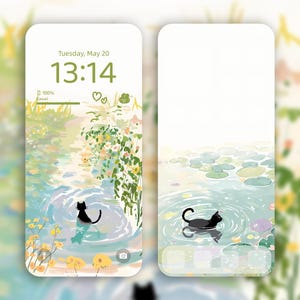 かわいい黒猫の iPhone 壁紙セット | 4K インスタントデジタルダウンロード | 自然にインスパイアされた睡蓮の池の背景 | 美的ソフトパステルアート