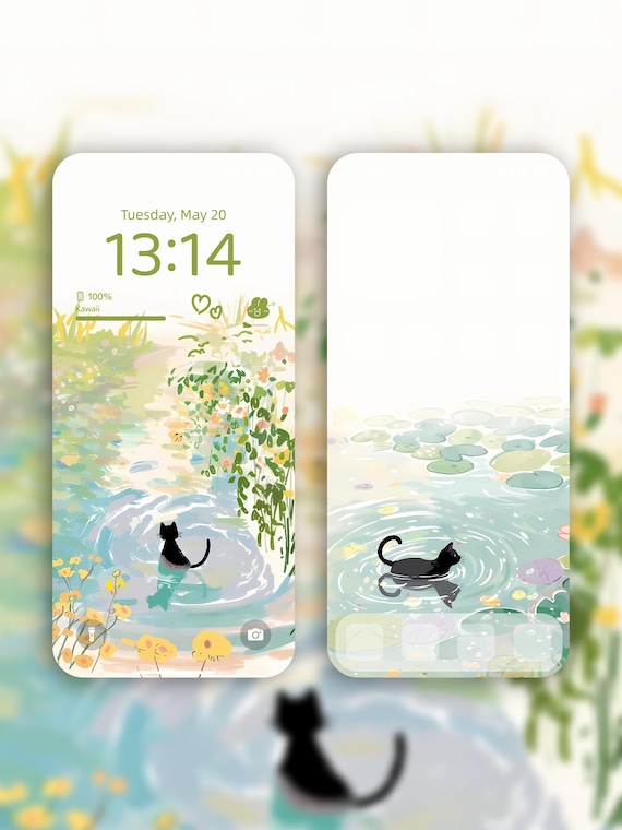 Cute Black Cat iPhone Wallpaper Set | 4K Instant Digital Download | Nature-Inspired Lily Pond Background | Aesthetic Soft Pastel Art