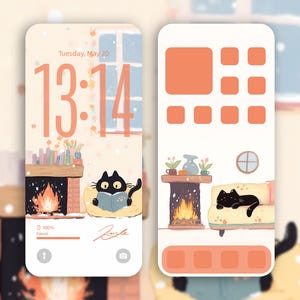 May include: Two phone screen illustrations. One shows a black cat reading by a fireplace, the other shows a black cat resting on a couch. Both screens have a soft, warm color palette with a cozy, winter theme.