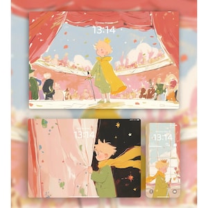 Puede incluir: Ilustración de un joven príncipe con capa y corona amarillas, sosteniendo una espada, sobre un fondo de escenario. La imagen se muestra en una tableta, teléfono y pantalla de ordenador, con la hora 13:14.