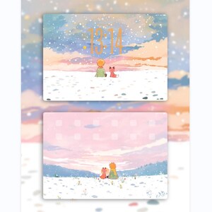 May include: Two rectangular illustrations feature a serene winter scene with a boy and a fox. The top illustration displays the time "13:14" in gold. The background showcases a pastel sky with snow.