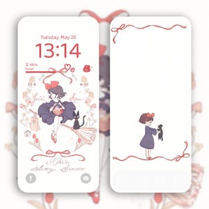 May include: A digital phone screen with a pink and white background. The screen displays a clock with the time 13:14 and the date Tuesday, May 20. The screen also features a cartoon image of Kiki from the movie Kiki's Delivery Service, flying on a broomstick with her black cat Jiji. The screen also features the text "Kiki's Delivery Service".