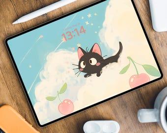 桜の黒猫のiPad壁紙セット | 桜の雲の中のかわいい猫のシーン | 夢の