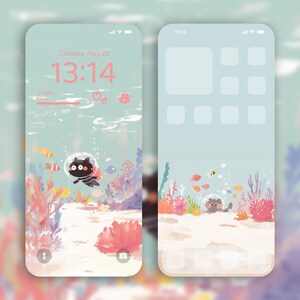 Cute Black Cat Underwater iPhone Digital Wallpaper | Ocean Adventure Art for Phone | Summer Coral Aesthetic Background | 4K Instant Download