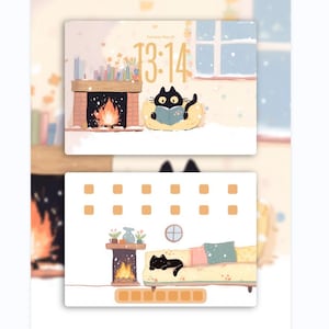 May include: Two digital illustrations of cozy scenes. The top image shows a black cat reading by a fireplace with the time 13:14 displayed. The bottom image depicts a black cat resting on a sofa near a fireplace.