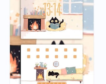Fondo de pantalla de gato negro invernal para iPad / Escena acogedora de gato leyendo junto a la chimenea / Arte digital de interiores en tonos pastel cálidos / iOS26 / Descarga instantánea 4K