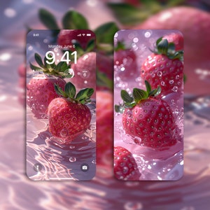Set di sfondi estetici rosa fragola per iPhone / Download digitale istantaneo 4K / Perfetto per schermate di blocco e home di iOS / Spruzzi d'acqua estivi