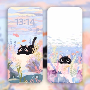 Puede incluir: Un diseño de fondo de pantalla para teléfono con un gato negro en una escena submarina con corales y peces. La hora es 13:14 el martes 20 de mayo. El fondo tiene colores pastel de azul, rosa y amarillo.