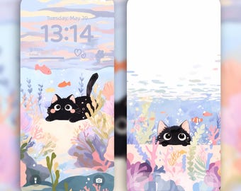 Cute Underwater Cat iPhone Wallpaper Set | 8K Instant Digital Download | Pastel Ocean Aesthetic Underwater Theme for iOS Backgrounds