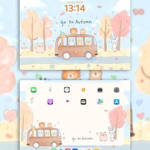 Puede incluir: Ilustración digital de una pantalla de tableta con una escena otoñal. Un autobús marrón transporta animales, con el texto "Go to Autumn". El fondo incluye árboles, un cerdo y un conejo, todo en colores pastel suaves. La hora se muestra como 13:14.
