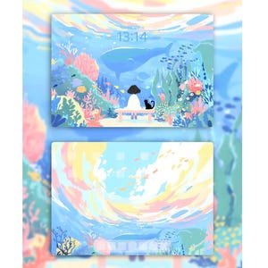 Könnte beinhalten: Eine digitale Illustration eines Mädchens, das auf einer Bank mit einer Katze sitzt. Der Hintergrund ist eine farbenfrohe Unterwasser-Szene mit Korallenriffen, Fischen und einem Wal. Die Uhrzeit ist 13:14.