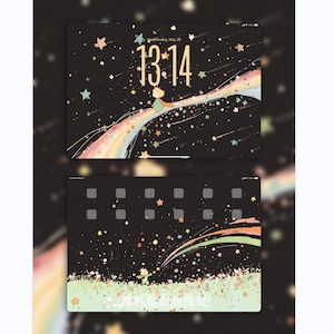 May include: Black digital device screen displaying a whimsical illustration. A small figure sits on a rainbow, surrounded by stars and a starry sky. The time 13:14 is displayed in gold. The bottom screen shows a similar design.