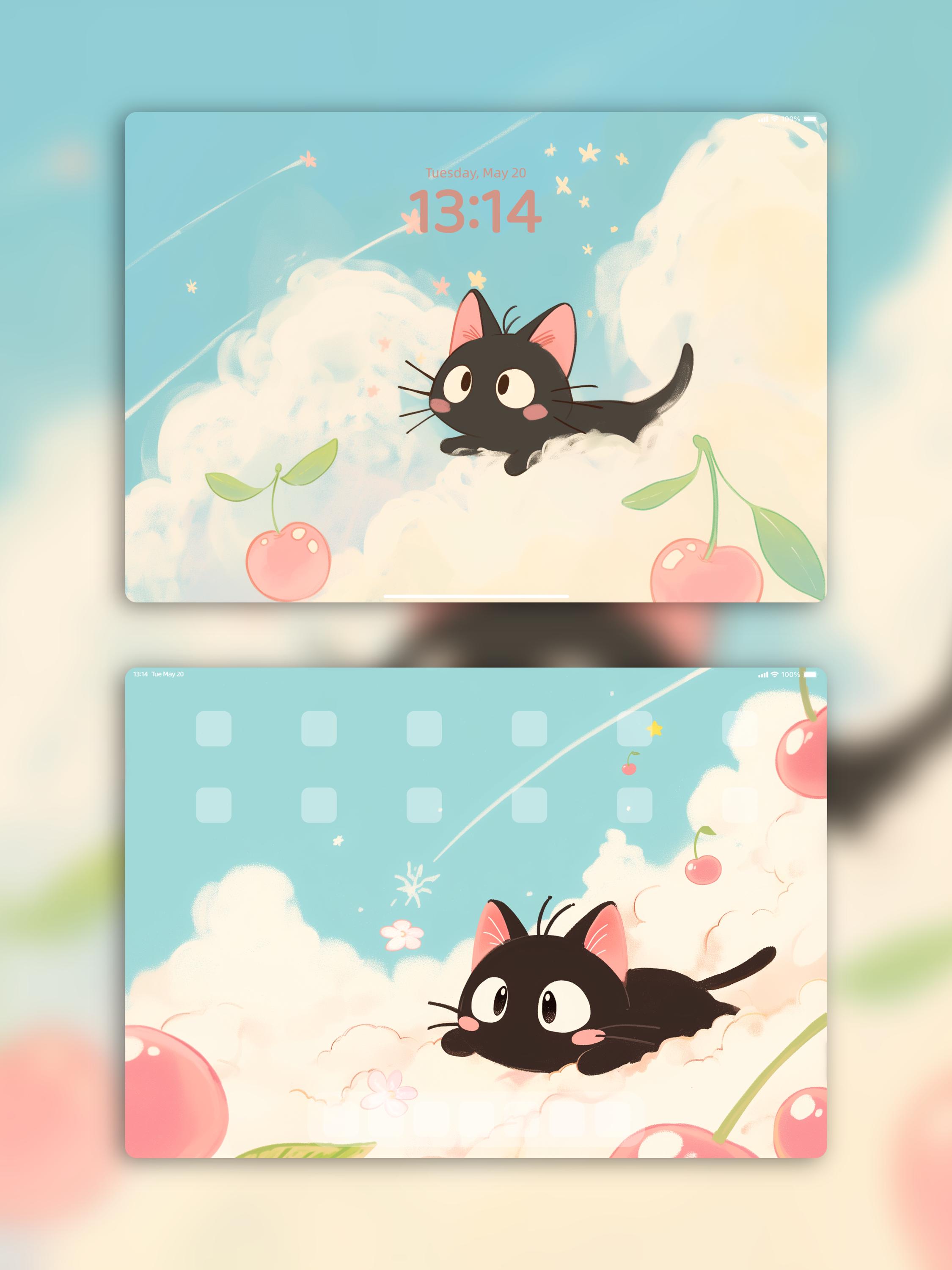 桜の黒猫のiPad壁紙セット | 桜の雲の中のかわいい猫のシーン | 夢の
