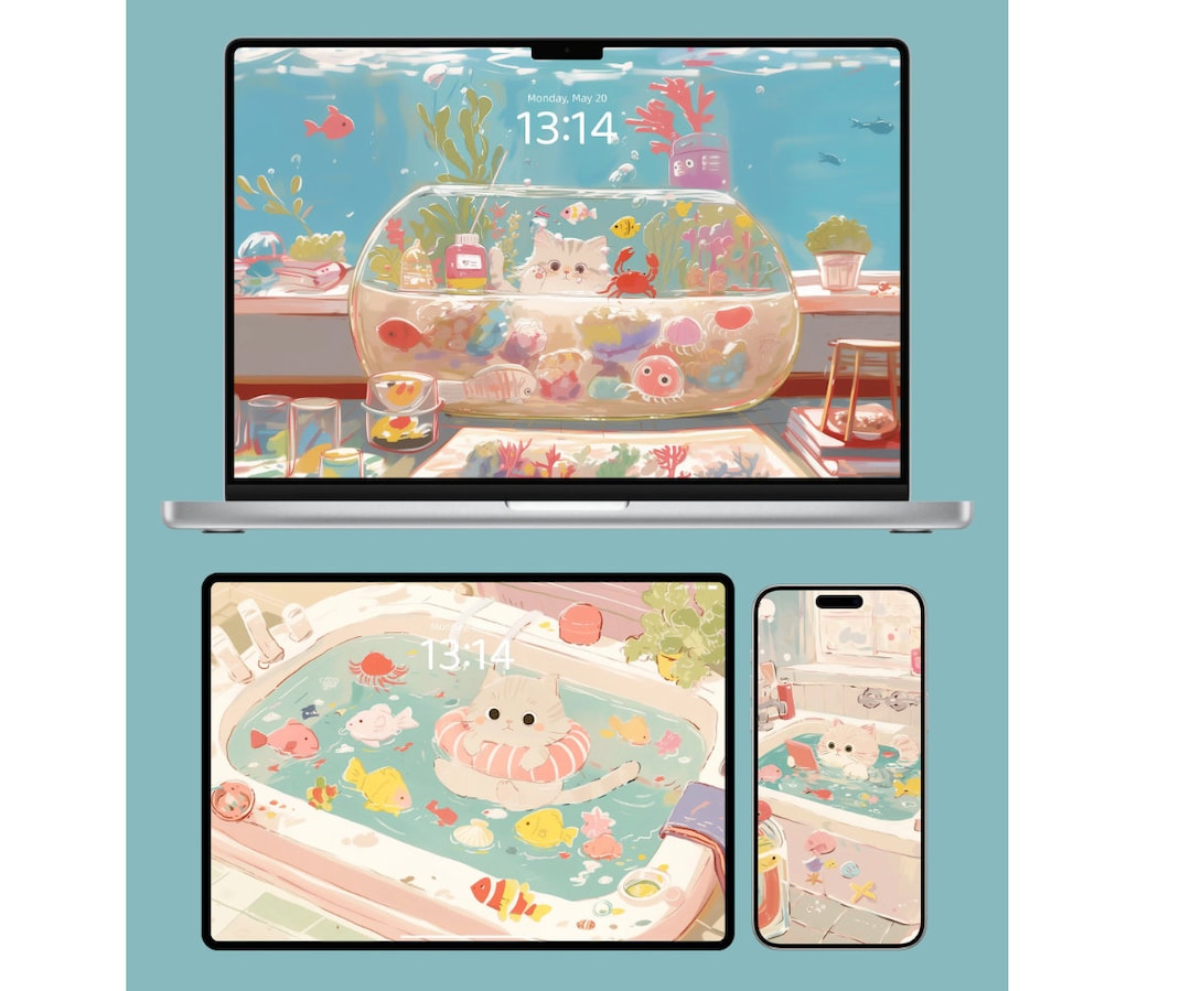 Summer Cat Bath Wallpaper Set | Pastel 4K Digital Download for Iphone ...