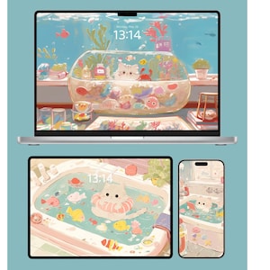 Set di sfondi per il bagno estivo con gatti / Download digitale 4K pastello per iPhone, iPad e MacBook / Sfondo estetico carino / Schermata iniziale Kawaii iOS
