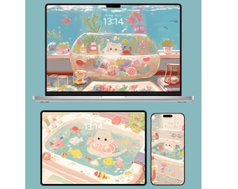 Summer Cat Bath Wallpaper Set | Pastel 4K Digital Download for iPhone, iPad & MacBook | Cute Aesthetic Background | Kawaii IOS Home Screen