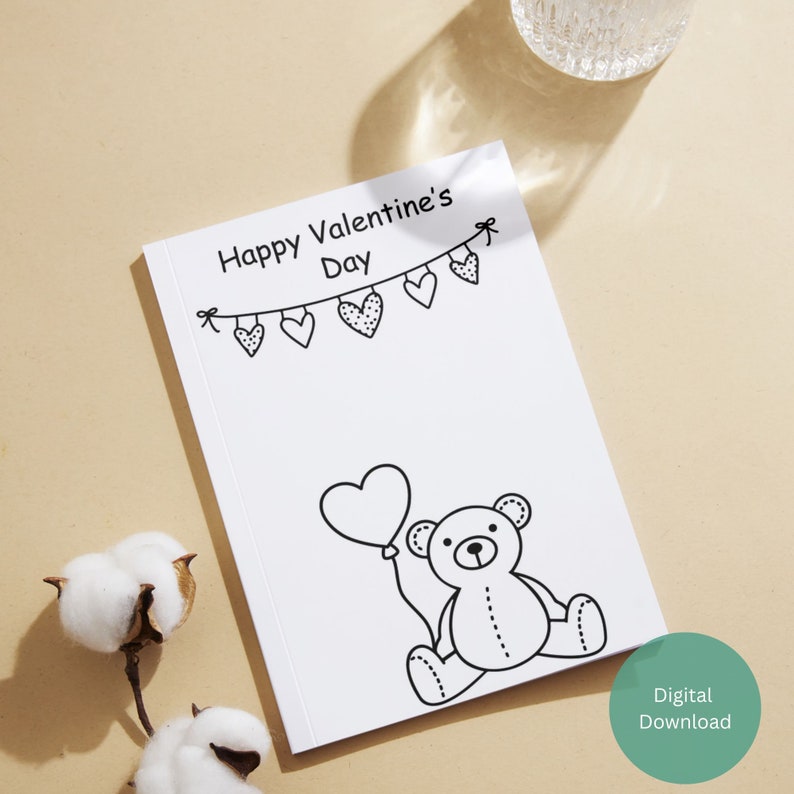 Color Your Own Teddy Bear Valentine's Day Printable Card, Happy Valentine's Day, Instant ...