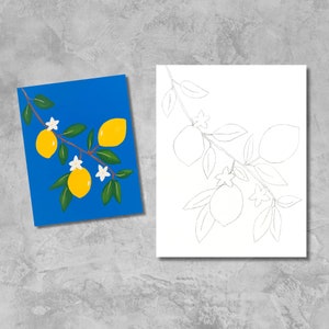 Lemons and lemon blossoms on a branch floral painting kit, pre drawn canvas for painting parties, birthday party, sip and paint, set of 5