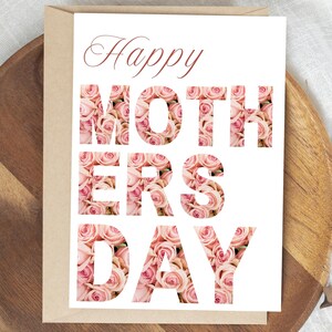 Cartão de felicitações para impressão com script de rosas para o dia das mães, cartão de texto grande para o dia das mães, download instantâneo, cartão dobrado, presente feito à mão para a mãe