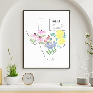 Contour de carte d'état imprimable Made in Texas, art mural fleurs de l'état du Texas, décoration sud-ouest, téléchargement immédiat