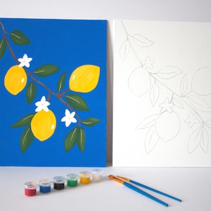 Lemons on a branch floral painting kit for adults, includes paint brushes and paint, pre drawn canvas, painting party, painting supplies