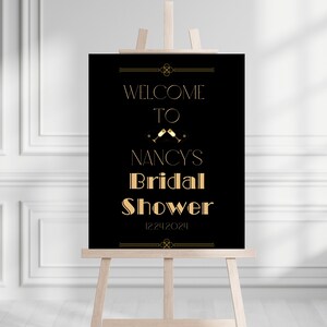 Art Deco Bridal Shower Welcome Sign: Black and Gold Template (Digital Download)