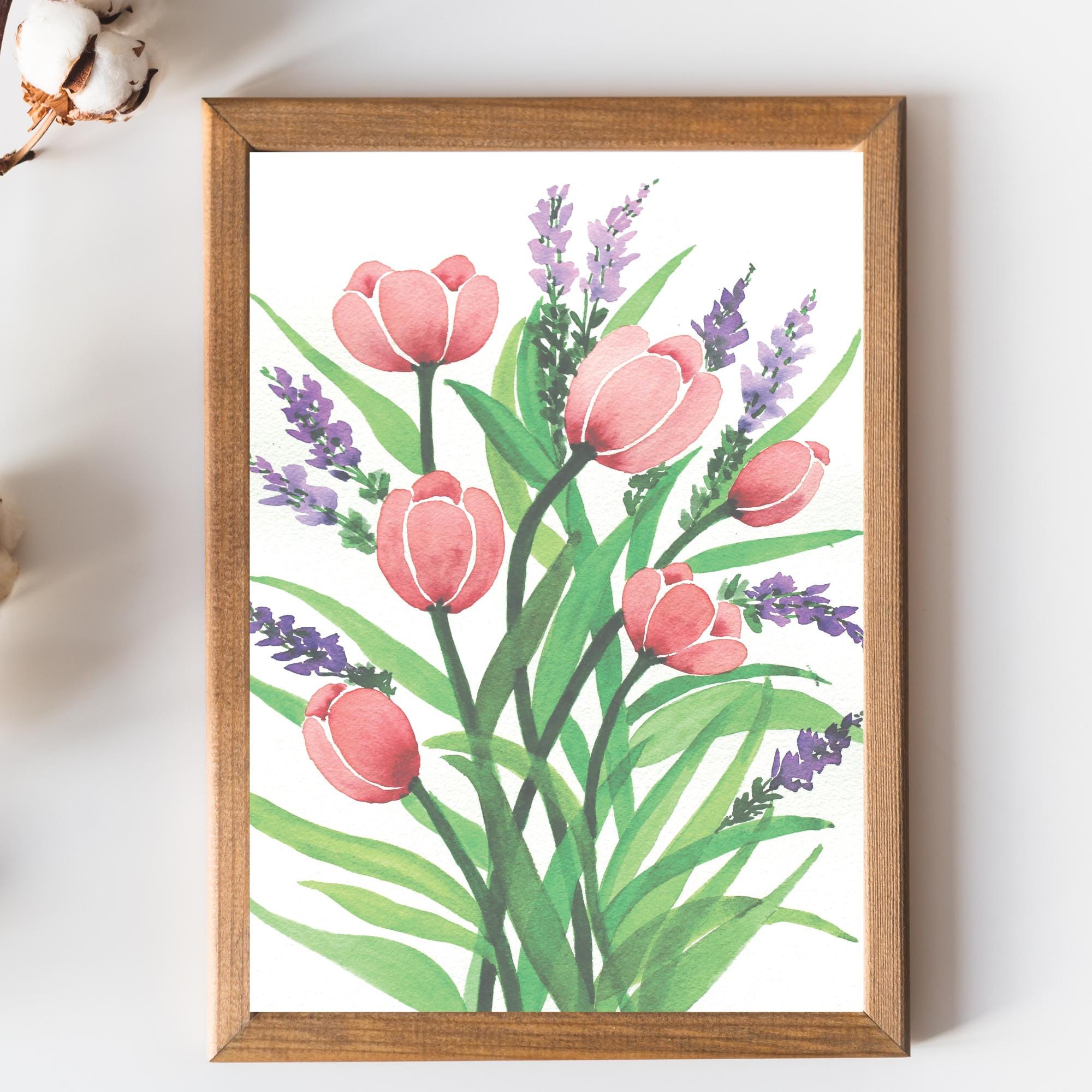 Watercolor Pink Tulips and Lavender Art Print: Vintage Floral Poster - Etsy
