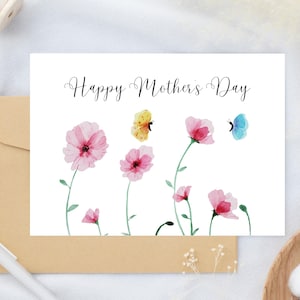 Fleurs roses et papillons Carte de voeux pliée pour la fête des mères, carte de fleurs, cadeaux de fête des mères faits main