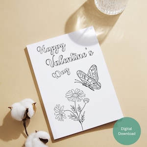 Biglietto di San Valentino stampabile con farfalla e fiori, San Valentino per bambini, pagine da colorare, download immediato