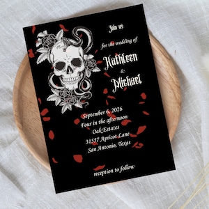 Gothic wedding invitation bundle, Halloween wedding invite, skull and rose printable wedding announcement, QR code RSVP template