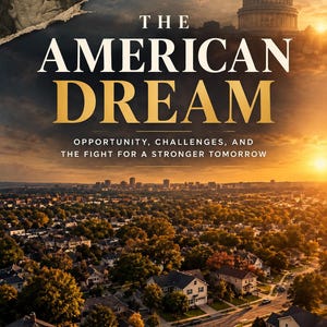 May include: A poster titled THE AMERICAN DREAM: OPPORTUNITY, CHALLENGES, AND THE FIGHT FOR A STRONGER TOMORROW. It features a torn US hundred-dollar bill with Benjamin Franklin, the US Capitol building, and a suburban neighbourhood at sunset.
