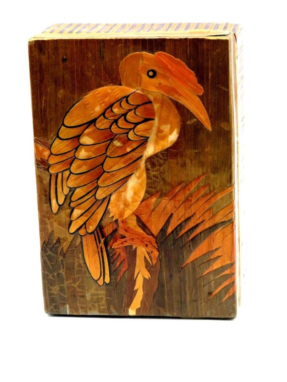 Vintage Chinese Wood Bamboo Straw Marquetry Bird … - image 1