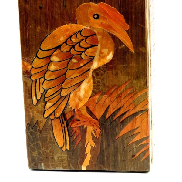 Vintage Chinese Wood Bamboo Straw Marquetry Bird Jewelry Trinket Box